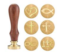 Kit de cachet de cire chrétienne avec 6 têtes en laiton (25 mm) + poignée et coffret cadeau - Croix, Jésus poisson, foi, espoir, amour - Symboles religieux pour enveloppes, lettres, journal biblique