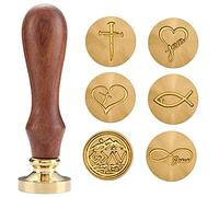 Kit de cachet de cire chrétienne avec 6 têtes en laiton + poignée et boîte cadeau - Croix, Jésus poisson, foi, espoir, amour - Symboles religieux pour enveloppes, lettres, journal biblique (6 sceaux