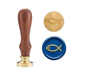 Kit de cachet de cire chrétienne avec 6 têtes en laiton + poignée et boîte cadeau - Croix, Jésus poisson, foi, espoir, amour - Symboles religieux pour enveloppes, lettres, journal biblique (poisson