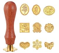 Kit de cachet de cire doré 9 pièces avec poignée en bois amovible - Tampon vintage classique en laiton pour invitations de mariage, cartes, enveloppes, emballage cadeau (motif mignon)