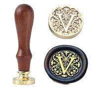 Kit de Cachet de Cire Ychostamp - Cachet de Cire pour Sceau Initial, Sceau en Laiton Baroque de 25mm/0,98 Pouce, Tampons Alphabet avec Manche (Lettre V)