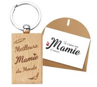Kit de Cadeau Mamie Porte-clé Meilleure Mamie du Monde en Bois Pendentif Porte-clef Grand-mère et Carte de Vœux Personnalisé avec Enveloppe Cadeau femme pour Noël Anniversaire Fête des mères