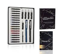 Kit de calligraphie 25 pièces parfait pour l'initiation et les débutants, comprend 2 plumes, 5 plumines, 1 convertisseur de piston 20 pages de 80 g A5 pour la calligraphie, 16 cartouches Boîte et
