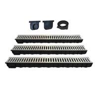 Jardibric - Kit de 3 Caniveaux de 1m avec Grilles et Accessoires - Drainage Extérieur Résistant - Classe A15, Installation Facile