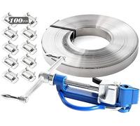 Kit de cerclage en acier - Outil de cerclage en métal - Tendeur et cutter à vis, bobine de ruban S304 de 1,9 cm x 30,5 m, 100 boucles en acier, emballage robuste haute résistance