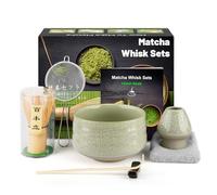Kit de cérémonie à matcha japonais 7 pièces, batteur à matcha en bambou naturel, bol à matcha, cuillère en bambou, passoire, torchon, support fouet, ensemble complet à matcha