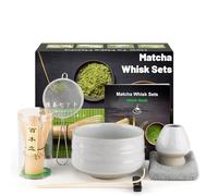 Kit de cérémonie à matcha japonais 7 pièces, batteur à matcha en bambou naturel, bol à matcha, cuillère en bambou, passoire, torchon, porte-fouet, ensemble complet à matcha, blanc vif