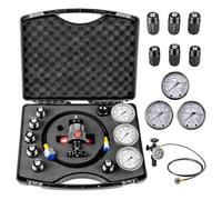 Kit de Charge d'Azote pour Accumulateur Hydraulique Professionnel avec 3 Manomètres à Glycérine (0-100/280/400 Bar), 7 Adaptateurs Interchangeables, Flexible et Boîtier PP Robuste