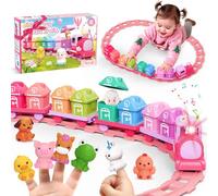 Kit de chemin de fer rose pour tout-petits - Jouet éducatif à partir de 1 an (idéal pour les filles de 1 à 3 ans), kit de jeu sur rail avec animaux de la ferme et marionnettes à doigts, jouets