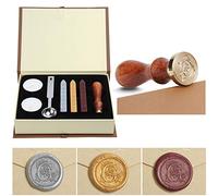 Kit de cire pour cacheter, ensemble de sceaux en cire antique au design classique et ancien avec lettres initiales de l'alphabet, boîte cadeau avec poignée en bois vintage et tête en laiton, set de