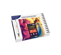 Graph'it Go - Kit Coloriage Mystère 12 marqueurs acryliques sans amorçage, double pointe pinceau et fine + 8 cartes A4 de coloriage mystère à colorier - Set Monde Fantastique