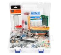 Kit de composants électroniques, 1 780 pièces avec résistances, condensateur, diodes LED, transistors, fil Dupont, platine d'expérience, PCB, potentiomètre, triode, IC, oscillateur à cristal
