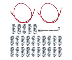 Kit de connecteurs de câble pour clôture de pâturage, 25 pièces + 2 câbles - Accessoires de clôture électrique galvanisé pour corde en polycorde - Connecteur rapide pour isolateurs de poignée de