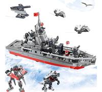 Kit de construction de navire de guerre militaire 3 en 1 (418 pièces) - Modèle de destroyer marine avec radar, lanceur de missiles, avion | Se transforme en robot ou dinosaure de combat | Jouet