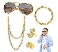 Kit de Costume de Hip Hop Homme Années 90 80 Rappeur pour Accessoires Bague Dollar Collier Bracelet en Or Lunettes de Soleil Ronde Deguisement Hip Hop pour Anniversaires Fêtes Carnaval Concerts