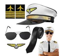 Kit de costume de pilote de ligne - Costume d'hôtesse de vol | Kit de déguisement de pilote | Chapeau de capitaine en polyester - Lunettes de soleil - Emmanchures cravate - Badge pour adultes et