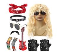 Kit De Costume De Rocker Des Années 80 - Ensemble De Perruques Punk, Apports De Barbe De Lunettes De Soleil | Tenue De Fantaisie D'Halloween, Fête Complète Pour Habiller Les Légendes Du Rock Lors Des