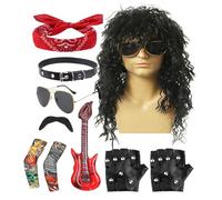 Kit de costume de rockeur des années 80 - Perruque punk, lunettes de soleil - Accessoires de barbe - Tenue de fantaisie d'Halloween - Kit de fête complet pour habiller les légendes du rock lors des