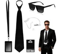 Kit de Costume Espion 6 Pieces, Men in Black Deguisement, Accessoires de Costumes de Services Secrets avec Lunettes, Cravate Reglable, Porte Cartes, Noires Ecouteurs, Faux Telephone