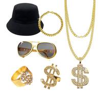 Kit de Costume Hip Hop, 80s 90s Accessoires de Rappeur, Costume Hip Hop Ensemble , Casquette de Pêcheur, Lunettes de Soleil, Collier en Dollars, Bague, BraceletPour Cosplay, Halloween, Carnaval