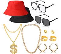 Kit de costume hip hop, lot de 12 accessoires des années 80/90 comprenant lunettes de soleil, signe dollar, fausse chaîne, anneau, boucles d'oreilles, seau chapeau pour l'été, femmes, hommes