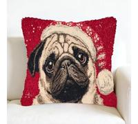 Kit de coussin à crochet 43x43cm,portrait de carlin pour Noël,Set de loisirs créatifs pour débutants,toile pré-imprimée et fil,housse de coussin à faire soi-même pour la décoration intérieure - 3