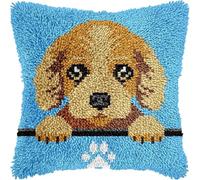 Kit de Coussin au Crochet Point Noué Adultes Bébé Chien Golden Retriever Chiot Tapis taie d'oreiller enfants débutants DIY aiguille broderie ensemble artisanal canapé décoration maison 43x43 cm,2pcs