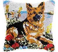 Kit de Coussin au Crochet Point Noué Adultes Berger Allemand Chien En Fleurs Tapis taie d'oreiller enfants débutants DIY aiguille broderie ensemble artisanal canapé décoration maison 43x43 cm, 2pcs