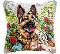 Kit de Coussin au Crochet Point Noué Adultes Berger Allemand Chien En Fleurs Tapis taie d'oreiller enfants débutants DIY aiguille broderie ensemble artisanal canapé décoration maison 43x43 cm, 1pcs