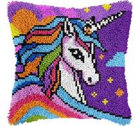 Kit de Coussin au Crochet Point Noué Adultes Cheval Licornes Princesse Fille Violet Tapis taie d'oreiller enfants débutants DIY aiguille broderie ensemble artisanal canapé décoration maison 43x43 cm,1
