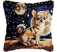 Kit de Coussin au Crochet Point Noué Adultes Chihuahua Chien Nuit étoilée Lune Tapis taie d'oreiller enfants débutants DIY aiguille broderie ensemble artisanal canapé décoration maison 43x43 cm, 1pcs