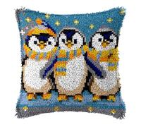 Kit de Coussin au Crochet Point Noué Adultes Noël Trois Pingouins Famille Tapis taie d'oreiller enfants débutants DIY aiguille broderie ensemble artisanal canapé décoration maison 43x43 cm, 2pcs