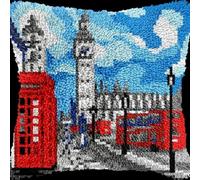 Kit de Coussin au Crochet Point Noué Adultes Red Telephone Booth Bus Street Tapis taie d'oreiller enfants débutants DIY aiguille broderie ensemble artisanal canapé décoration maison 43x43 cm, 1pcs