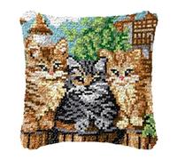 Kit de Coussin au Crochet Point Noué Adultes Trois chaton mignon chats jardin Tapis taie d'oreiller enfants débutants DIY aiguille broderie ensemble artisanal canapé décoration maison 43x43 cm, 2pcs