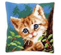 Kit de coussin au point de croix, chat sur un arbre, 40 x 40 x 0,3 cm, Blanc