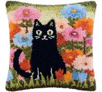 Kit de Coussin avec Crochet à Loquet, Chat noir et fleurs Coussin au Point Noué,création de Tapis et Canvas,Kit D'Oreiller À Crochet De Verrouillag,43x43cm