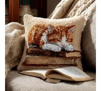 Kit De Coussin Avec Crochet À Loquet Coussin Au Point Noué, Chat Allongé Sur Un Livre 43×43Cm Création De Tapis Et Canvas, Tapis Point Noué,Latch Hook Canevas