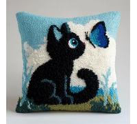 Kit De Coussin Avec Crochet À Loquet Coussin Au Point Noué, Chat Noir Et Papillon Bleu 43×43Cm Création De Tapis Et Canvas, Tapis Point Noué,Latch Hook Canevas