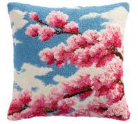 Kit De Coussin Avec Crochet À Loquet Coussin Au Point Noué, Fleurs De Cerisier Sous Un Ciel Bleu 43×43Cm Création De Tapis Et Canvas, Tapis Point Noué,Latch Hook Canevas