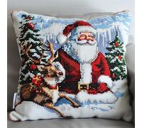 Kit De Coussin Avec Crochet À Loquet Coussin Au Point Noué, Le Père Noël Et Ses Rennes 43×43Cm Création De Tapis Et Canvas, Tapis Point Noué,Latch Hook Canevas