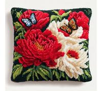 Kit De Coussin Avec Crochet À Loquet Coussin Au Point Noué, Papillons Et Pivoines 43×43Cm Création De Tapis Et Canvas, Tapis Point Noué,Latch Hook Canevas