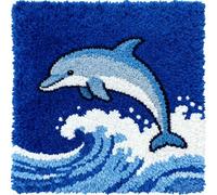Kit De Coussin Avec Crochet À Loquet Coussin Au Point Noué, Vagues Et Dauphins 43×43Cm Création De Tapis Et Canvas, Tapis Point Noué,Latch Hook Canevas