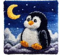 Kit de Coussin avec Crochet à Loquet Les animaux, les pingouins et la lune Tapis DIY Broderie Kit Tapis Point Noué à Faire pour Débutants, Latch Hook Canevas Coussin Point 43x43cm