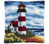 Kit de Coussin avec Crochet à Loquet Phare en bord de mer Tapis DIY Broderie Kit Tapis Point Noué à Faire pour Débutants, Latch Hook Canevas Coussin Point 43x43cm