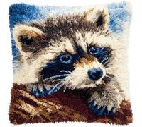 Kit de Coussin avec Crochet à Loquet Raton laveur Tapis DIY Broderie Kit Tapis Point Noué à Faire pour Débutants, Latch Hook Canevas Coussin Point 43x43cm