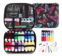 Kit de couture pour adultes - Kit d'aiguilles et de fils pour couture avec étui à fermeture éclair papillon - 18 fils de couleur - Kit de réparation de couture portable et basique pour débutants et