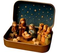 Kit de Crèche de Noël Miniature en Boîte Métallique,Décor Religieux Table | Personnages Complets, Fond Étoilé, Tapis en Feutrine, 2-en-1 Rangement et Affichage 9.5x6cm