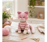 Kit de crochet Amigurumi en forme de chat rayé pour débutants, avec tutoriel détaillé à rayures roses et blanches