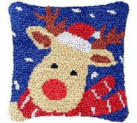 Kit de crochet de verrouillage pour débutant, motif cerf de Noël, housse de coussin, tapis, laine, fil à l'aiguille, taie d'oreiller, kits d'artisanat avec toile imprimée pour débutants, 43 x 43 cm