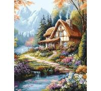 Kit De Crochet Paysage De Chalet Fleuri De Dessin Animéensemble De Tapis À Loquet Diy Tapis À Nouage Kit De Point De Croix Pour Débutants Et Adultes Kits D'Outils De Fabrication De Tapisse 31x45in